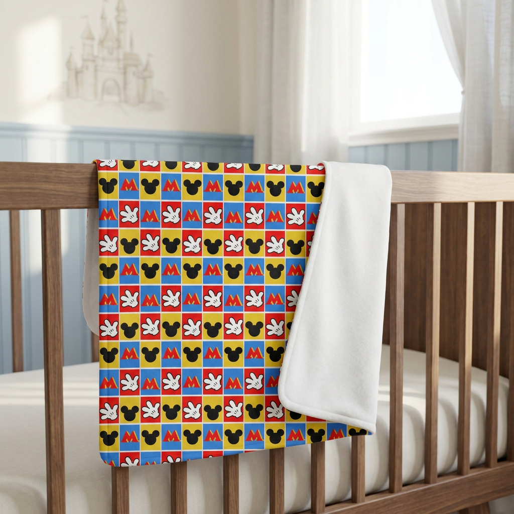 Checkerboard Mickey Hands blanket in a blue-and-ivory nursery