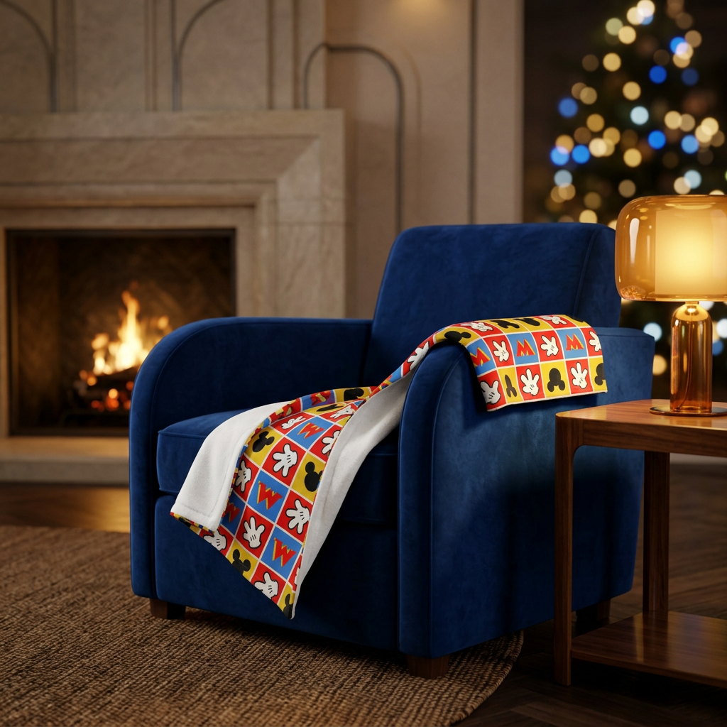 Checkerboard Mickey Hands blanket on a cobalt fireside armchair