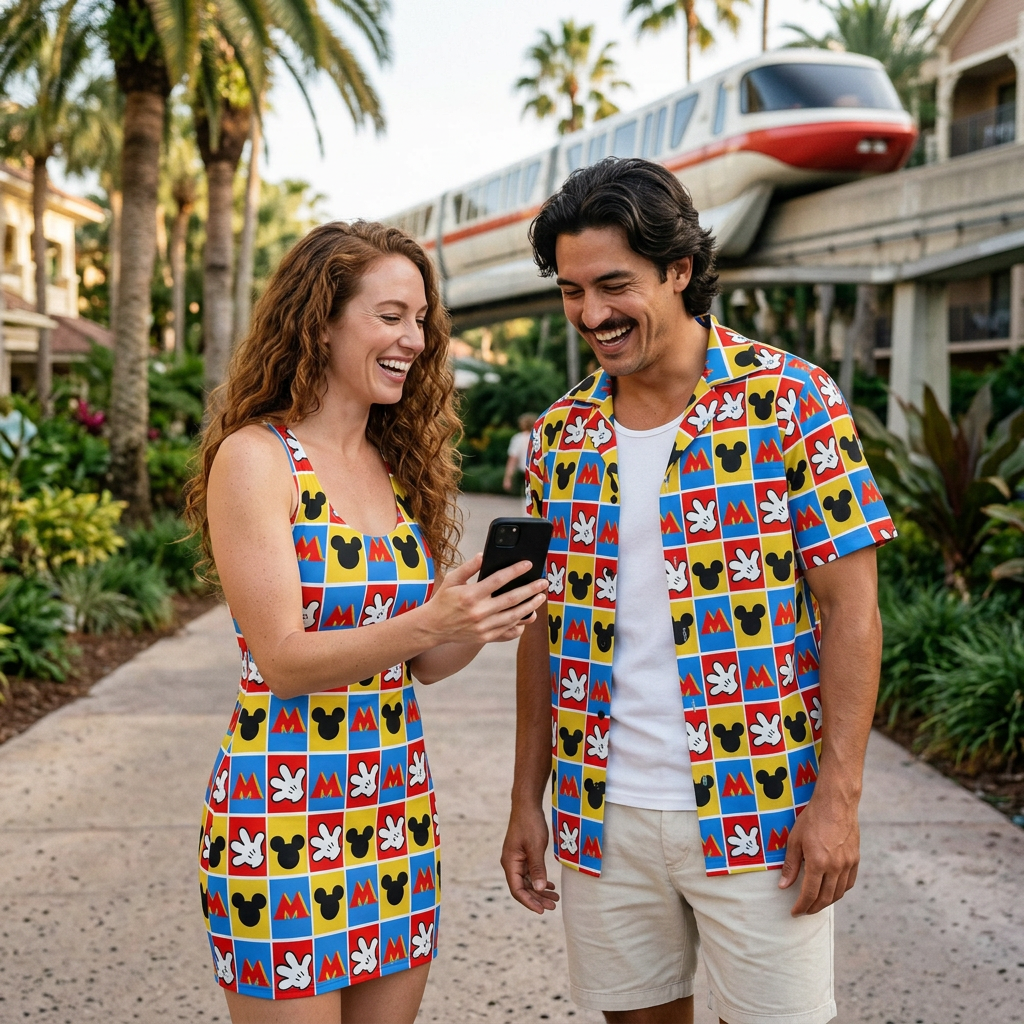Checkerboard Mickey Hands couple sharing a photo