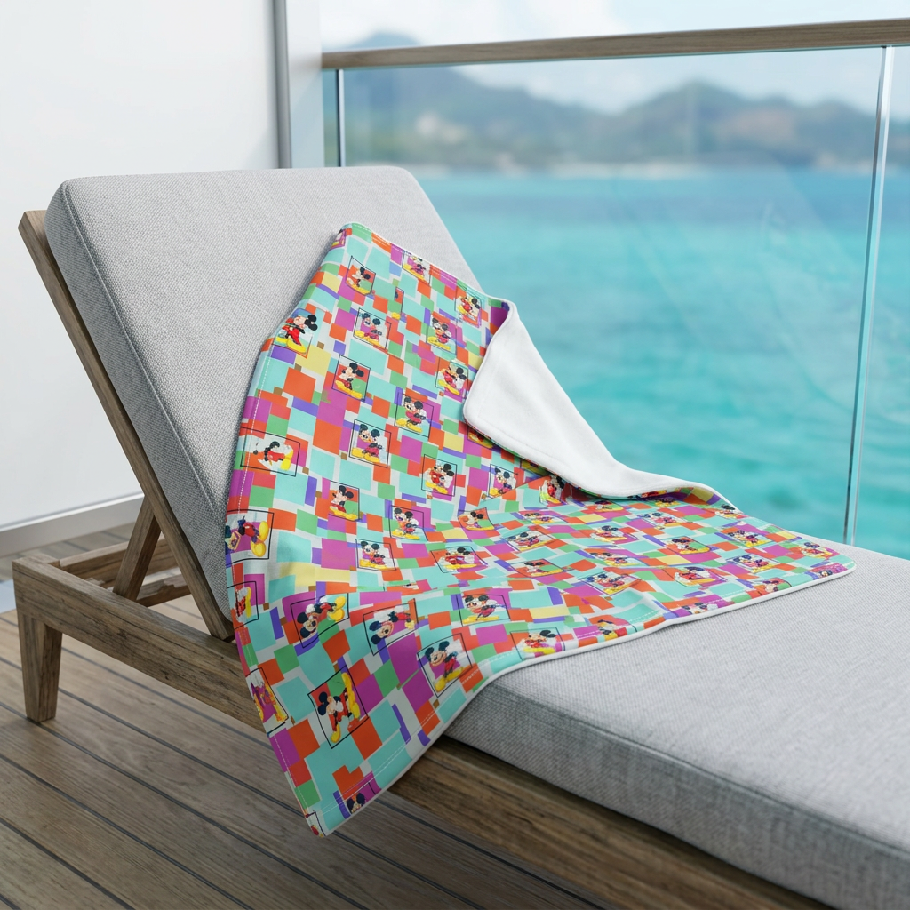 Colorblock Mickey blanket on a cruise balcony lounge chair