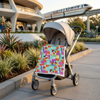 Colorblock Mickey blanket on a stroller beside a modern park garden