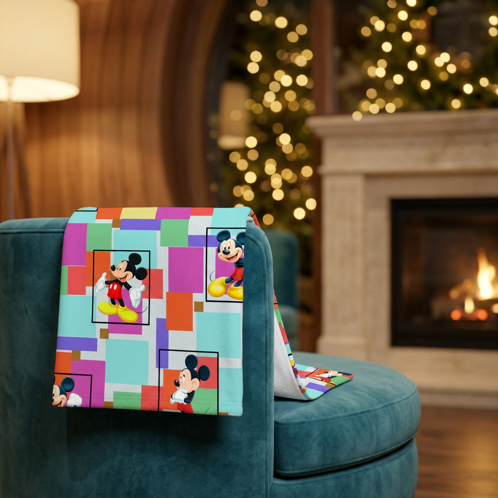 Colorblock Mickey blanket on a teal velvet fireside chair
