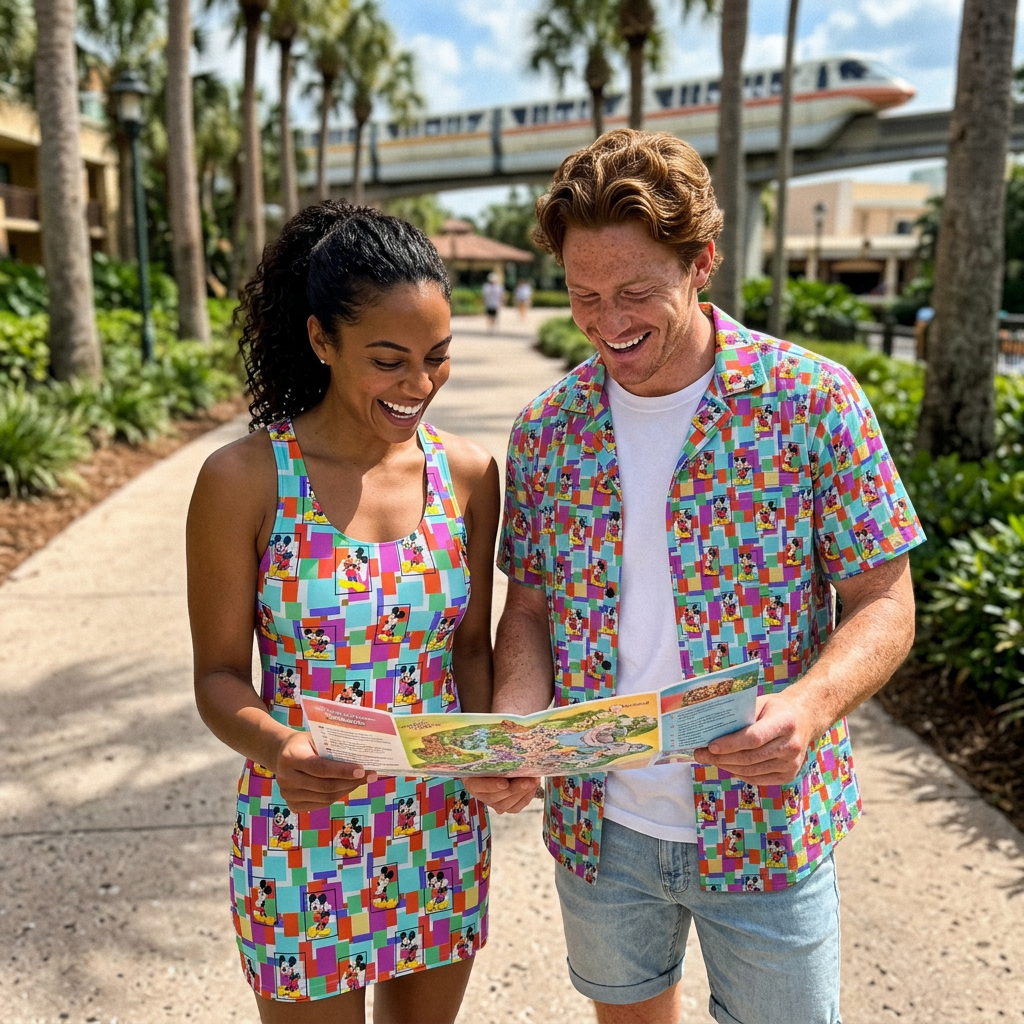 Colorblock Mickey couple checking a resort map