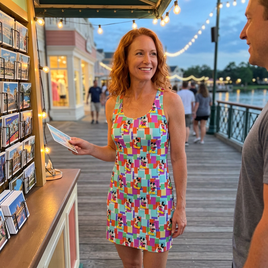 Colorblock Mickey evening postcard kiosk scene