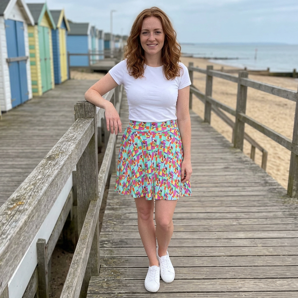 Colorblock Mickey skirt on seaside boardwalk