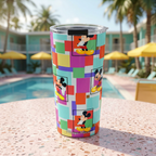 Colorblock Mickey tumbler beside a retro tropical resort pool