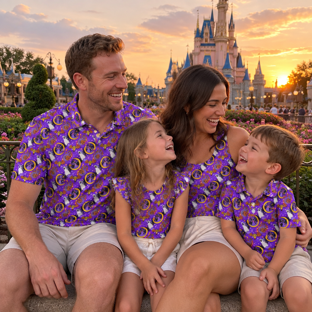 Coordinated family at castle garden