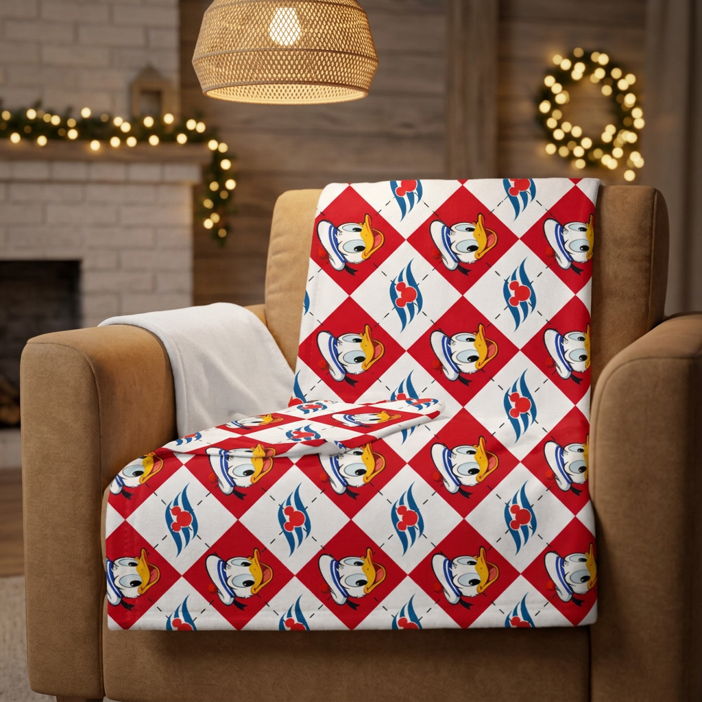 DCL Donald blanket in a cozy coastal lodge lounge