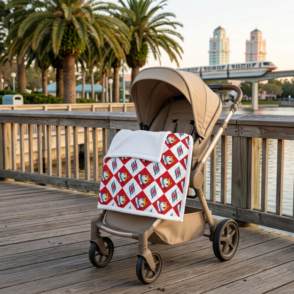 DCL Donald blanket on a stroller along a waterfront boardwalk