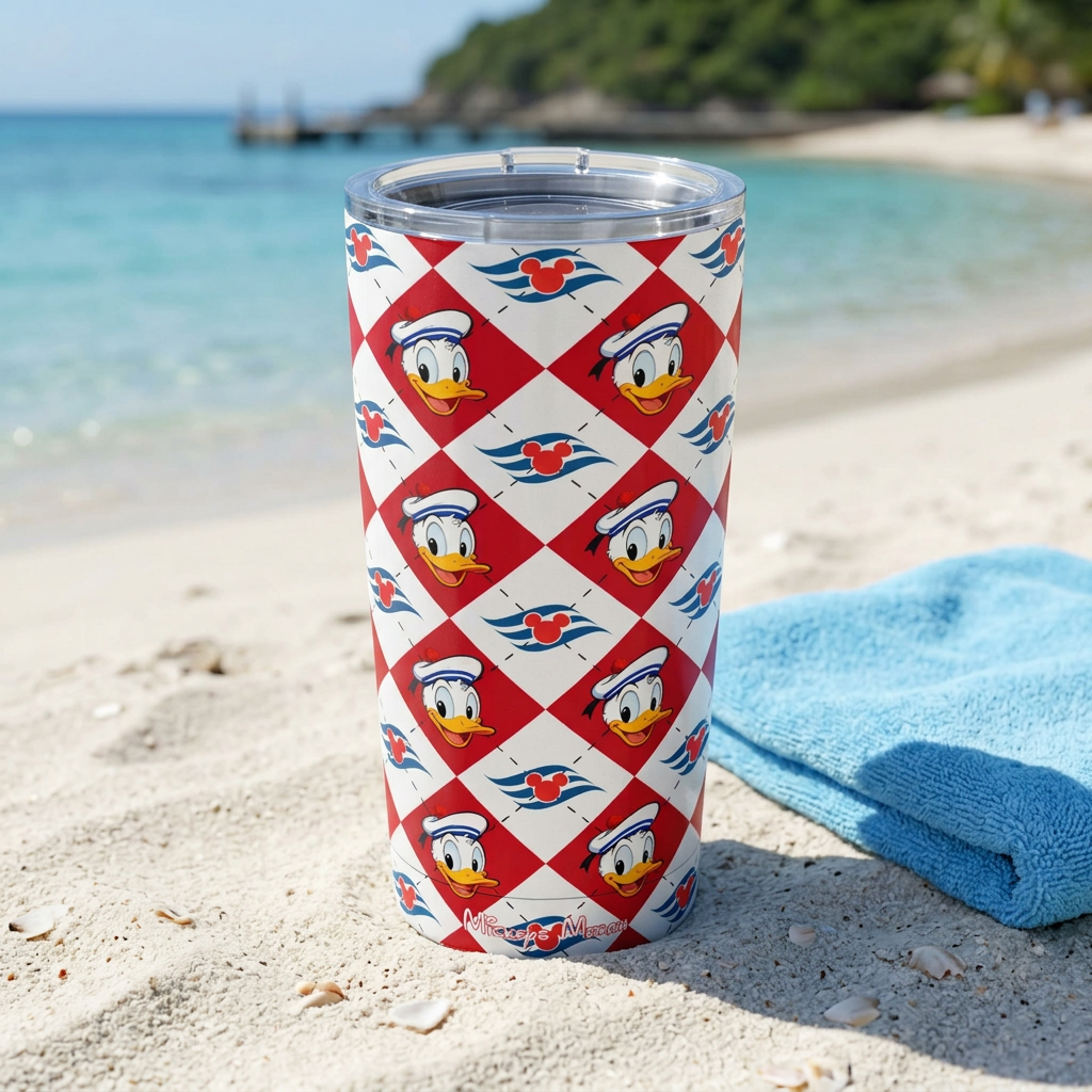 DCL Donald tumbler beside a sky-blue towel overlooking a tropical bay