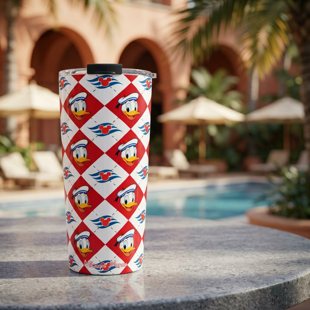 DCL Donald tumbler beside a Spanish-style tropical resort pool