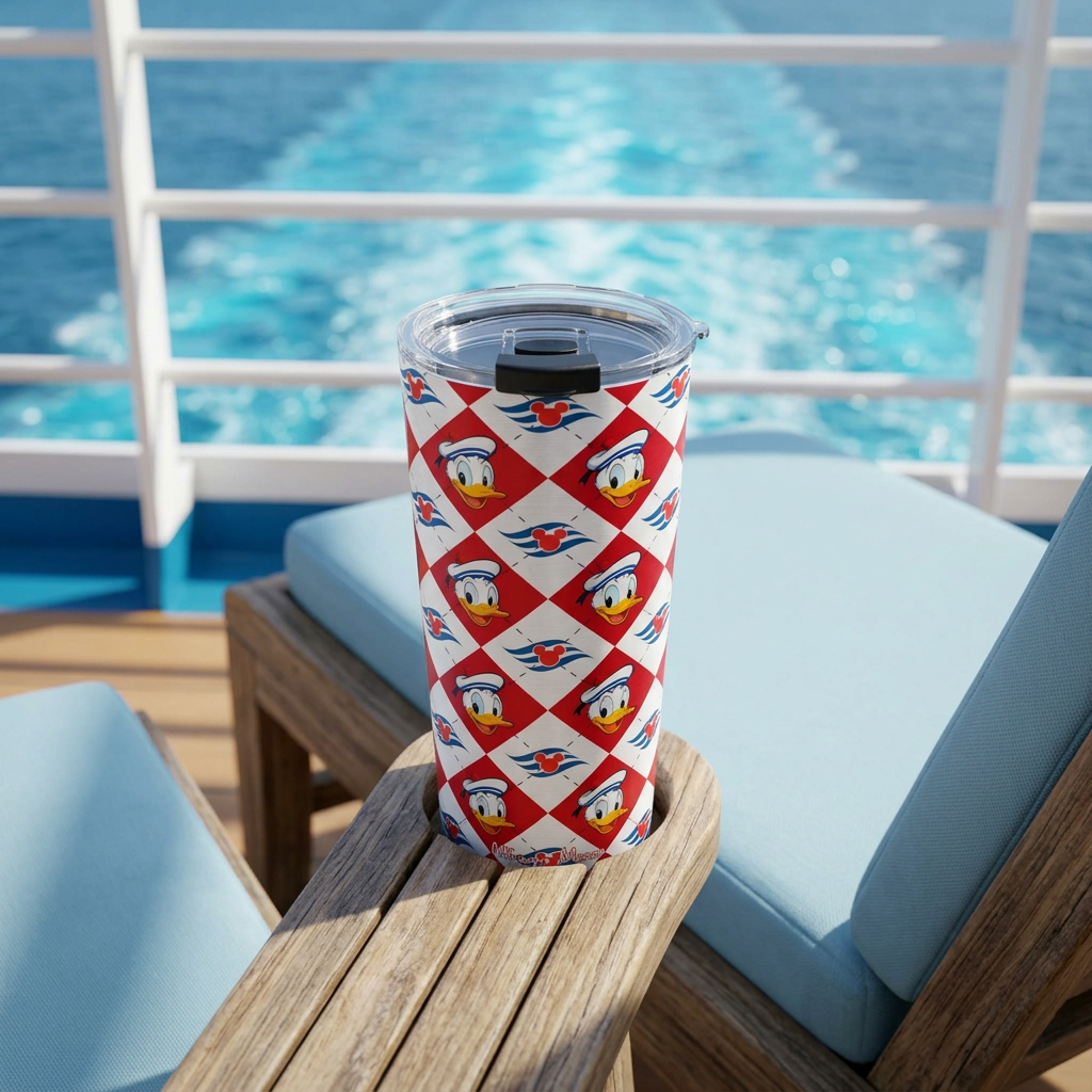 DCL Donald tumbler on a cruise lounger overlooking the ocean wake