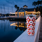 DCL Donald tumbler overlooking a glowing waterfront sailing pavilion