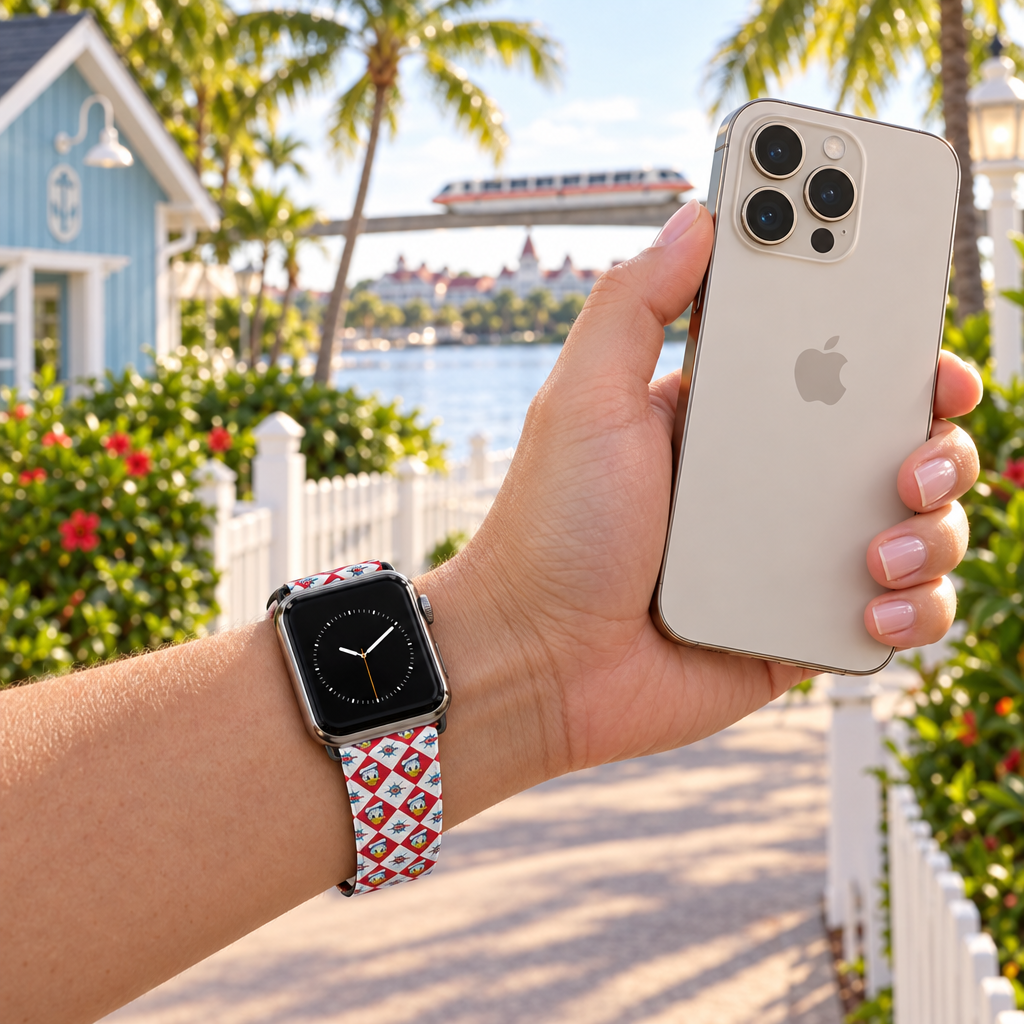 DCL Donald watchband along a lakeside resort path