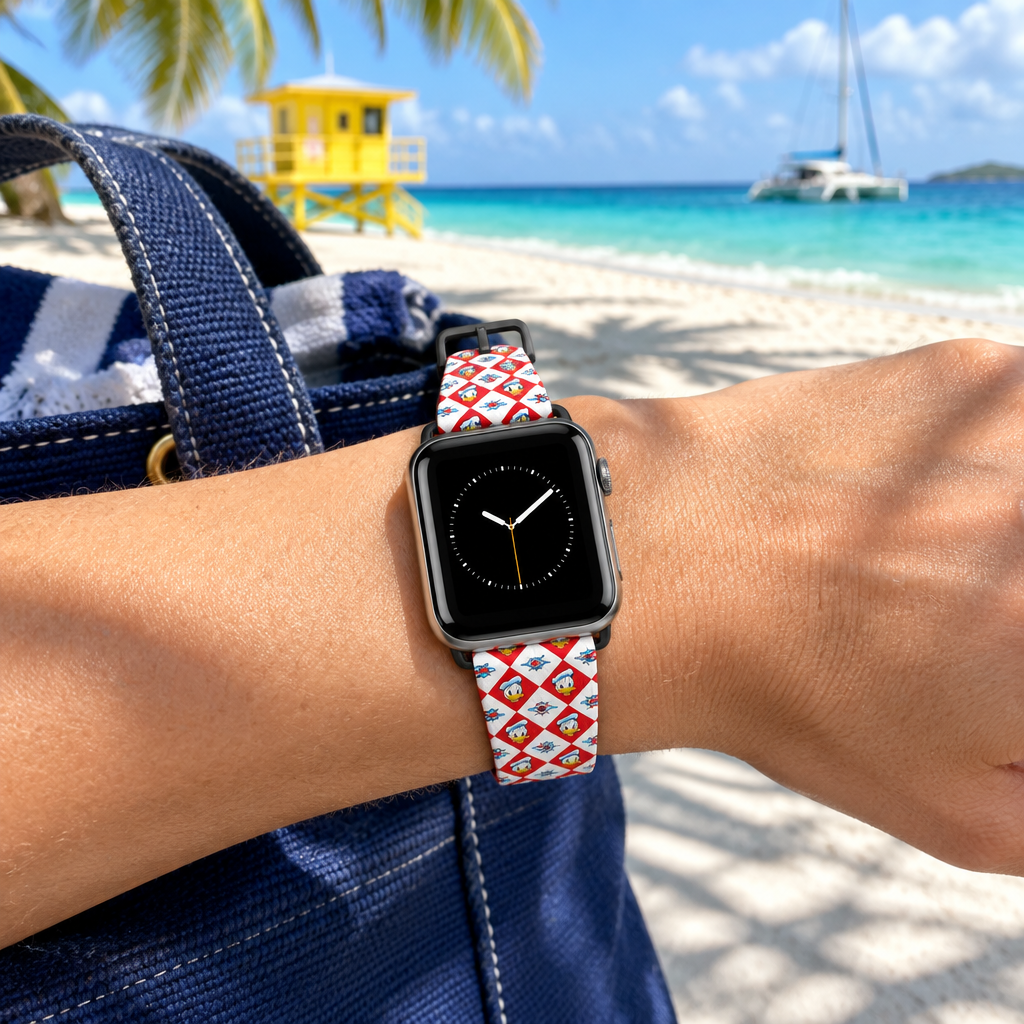 DCL Donald watchband at a tropical beach