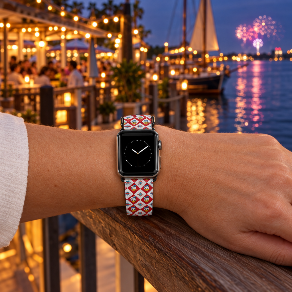 DCL Donald watchband beside a glowing waterfront café