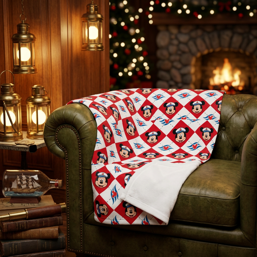 DCL Mickey blanket on a green leather chair in a fireside library