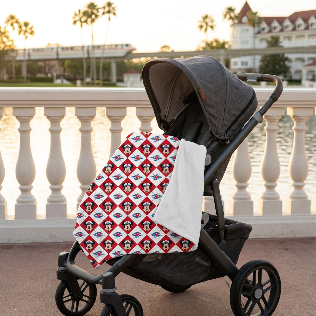 DCL Mickey blanket on a stroller beside a theme park lagoon
