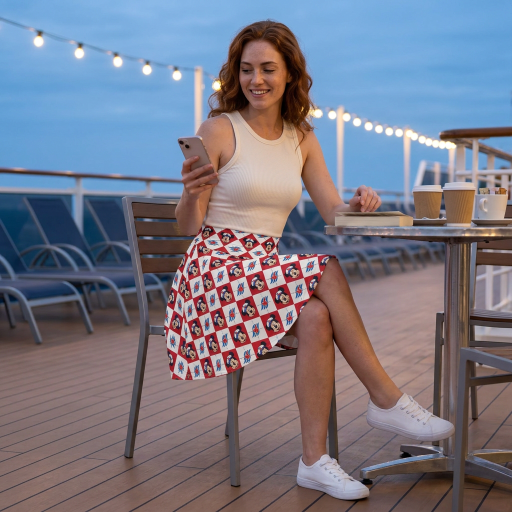 DCL Mickey skirt on cruise deck at dusk