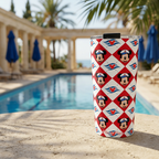 DCL Mickey tumbler beside a Mediterranean coastal resort pool