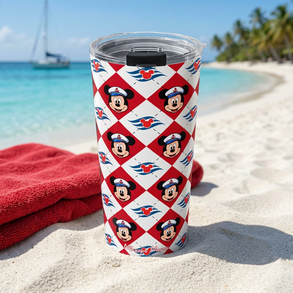 DCL Mickey tumbler beside a red towel overlooking tropical shallows