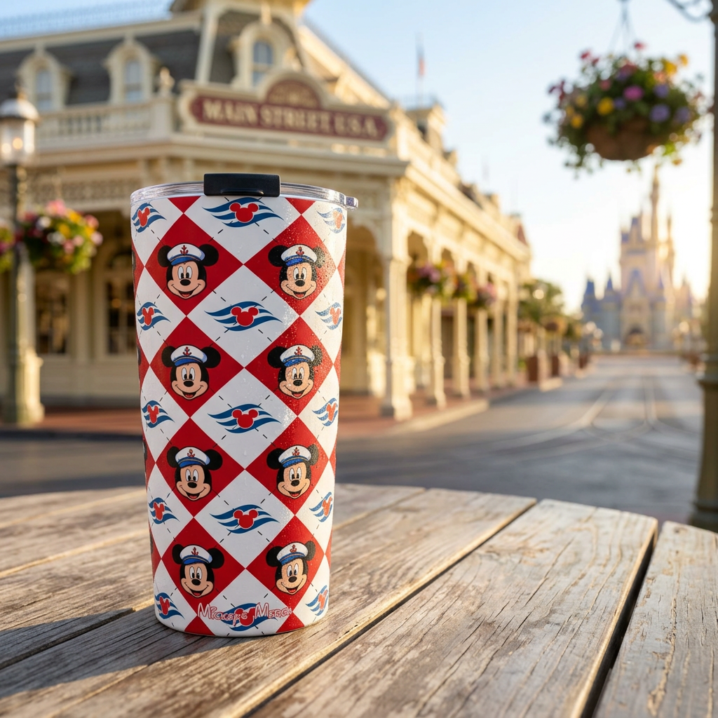 DCL Mickey tumbler near a Victorian railway station at golden hour