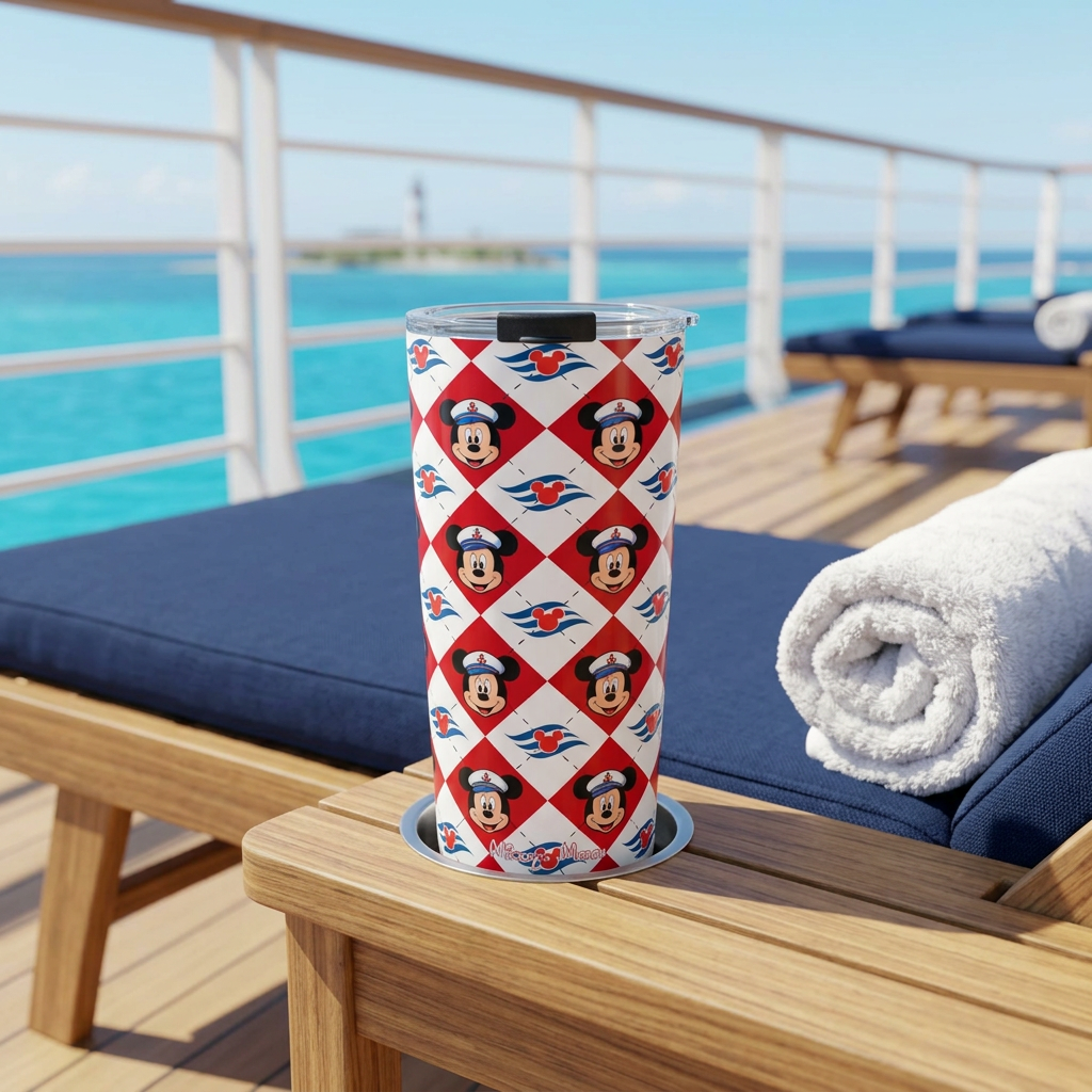 DCL Mickey tumbler on a cruise lounger overlooking an island lighthouse