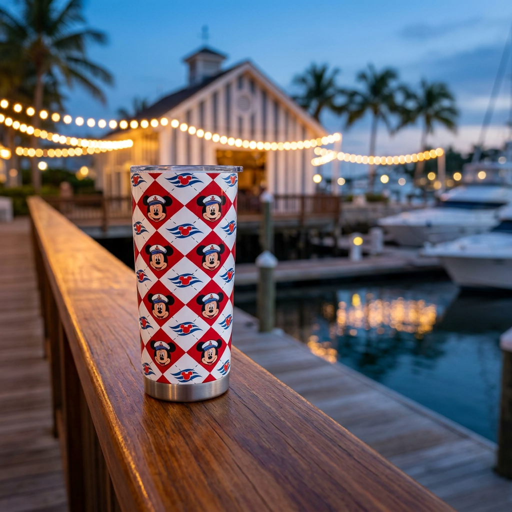 DCL Mickey tumbler overlooking a lantern-lit resort harbor