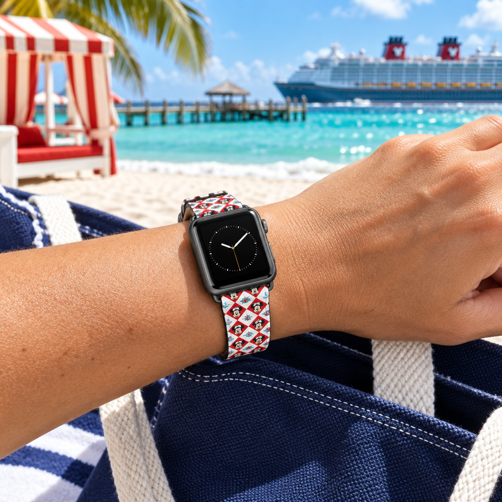 DCL Mickey watchband at a tropical island beach
