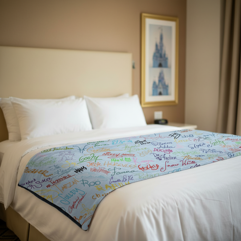 Disney Character Autographs Blue Blanket - Hotel Bed Hero Shot