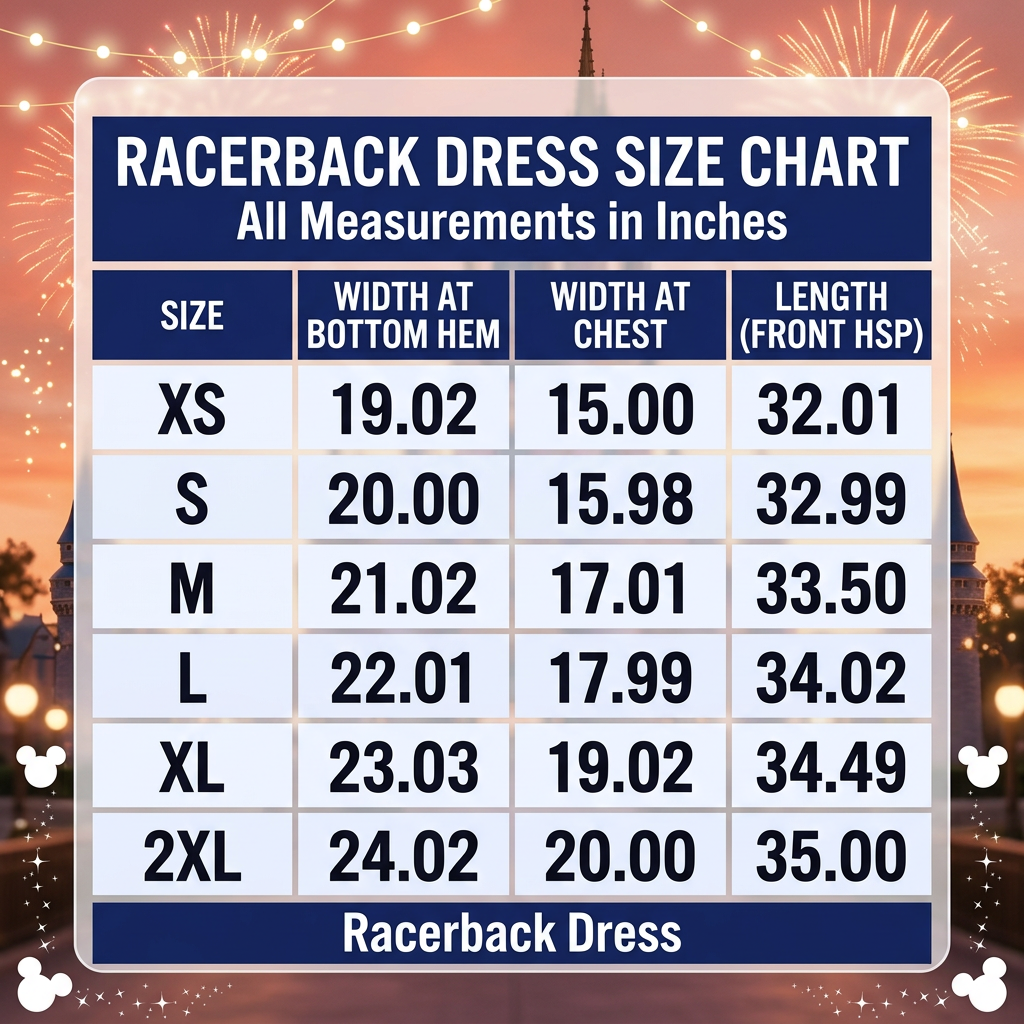 Disney-themed racerback dress size chart