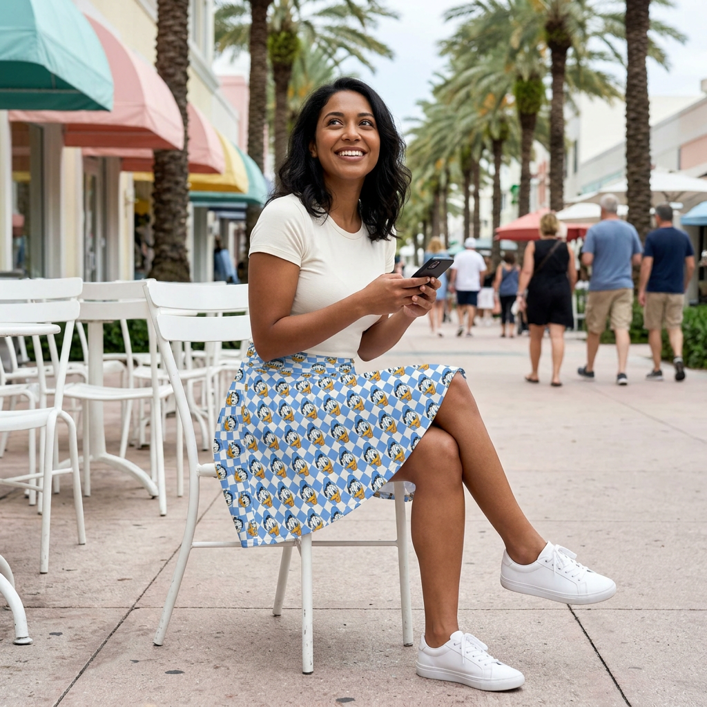 Donald skirt on palm-lined shopping promenade