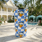 Donald tumbler beside a yellow colonial-style resort pool