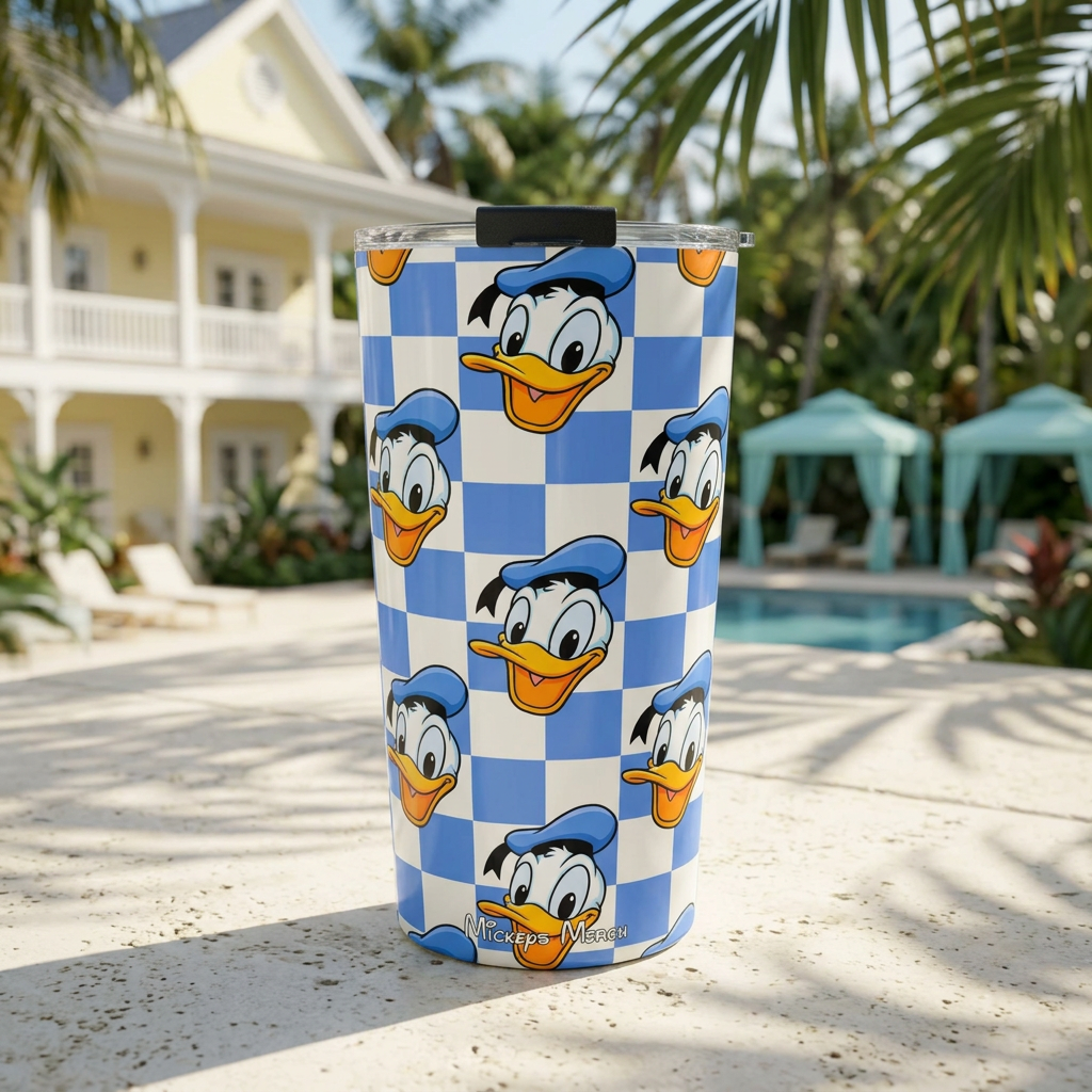 Donald tumbler beside a yellow colonial-style resort pool