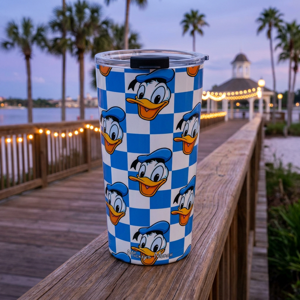 Donald tumbler overlooking a glowing waterfront pier pavilion