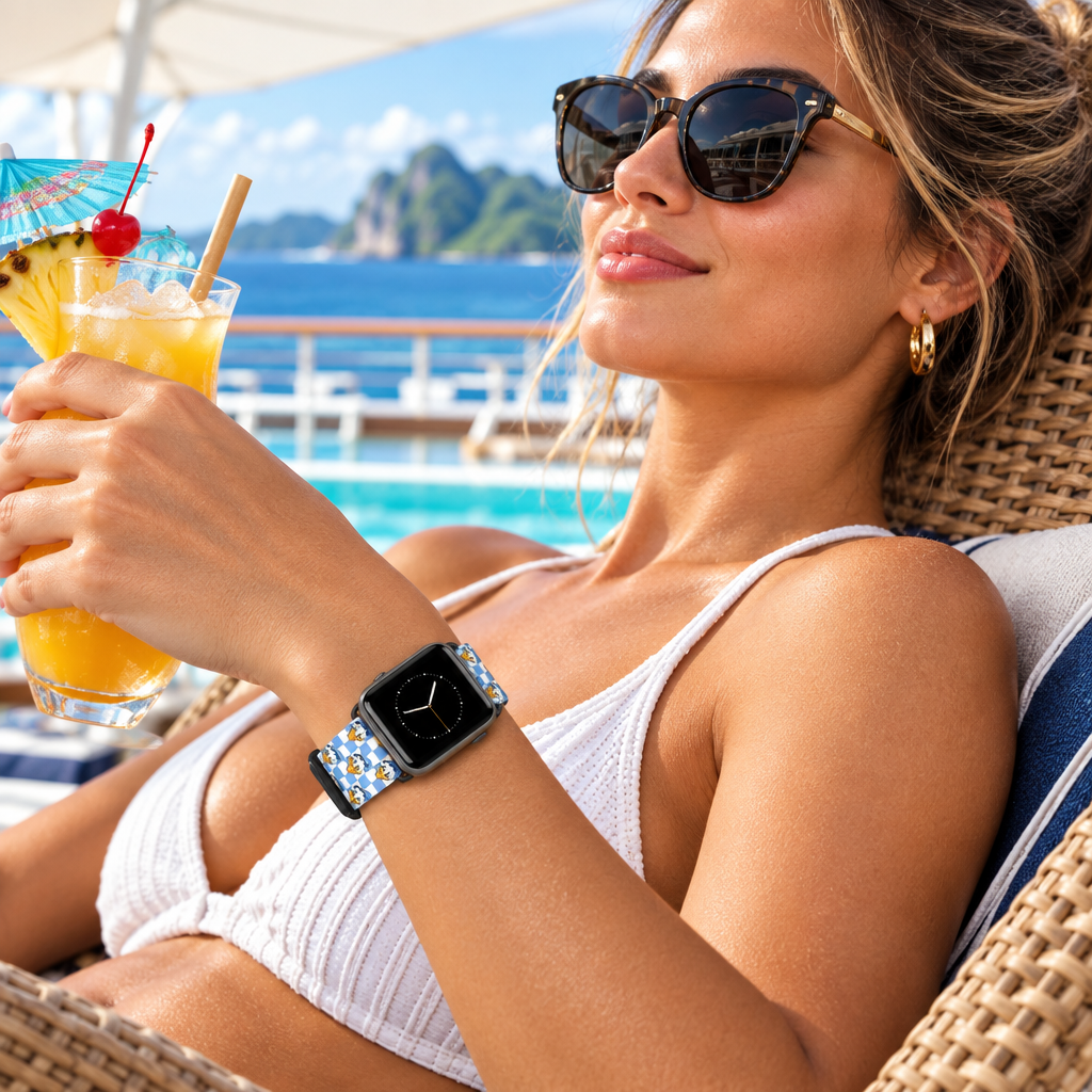 Donald watchband beside a cruise pool with island cliffs