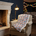 Emoji Mickey blanket in a blue-paneled fireside lounge