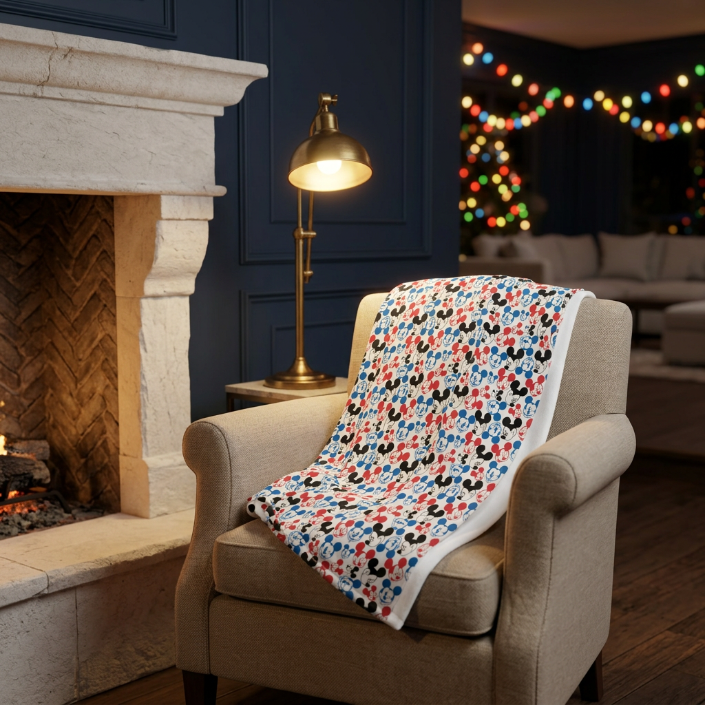 Emoji Mickey blanket in a blue-paneled fireside lounge