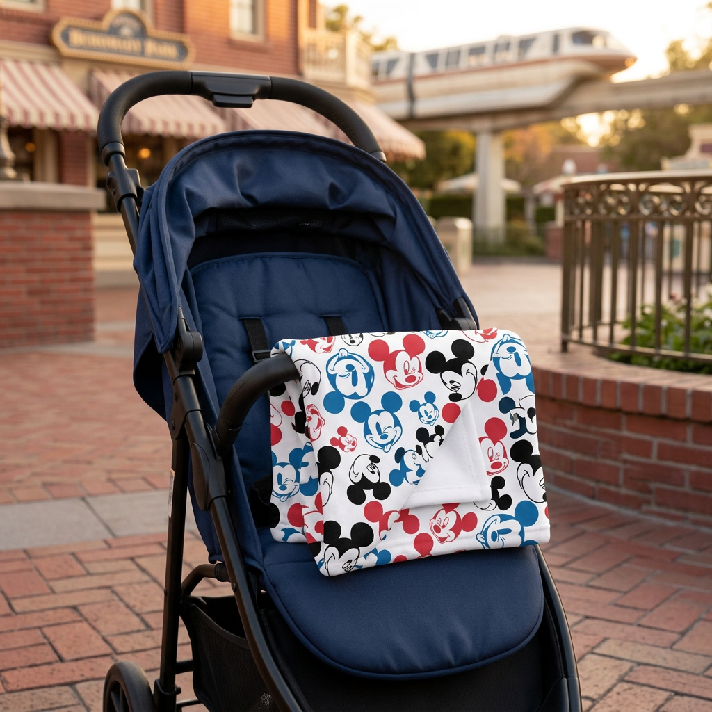 Emoji Mickey blanket on a navy stroller in a brick park plaza