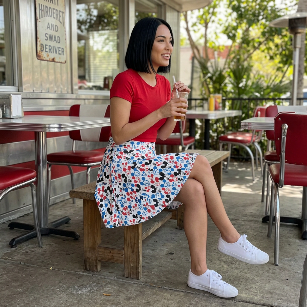Emoji Mickey skirt at retro diner patio
