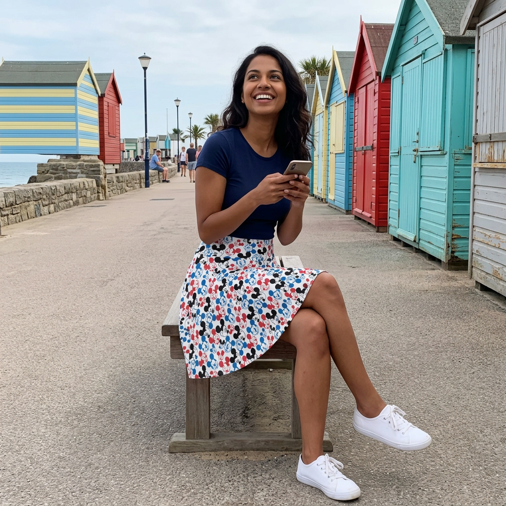 Emoji Mickey skirt on coastal promenade