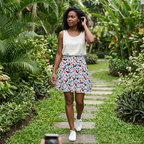 Emoji Mickey skirt on garden pathway