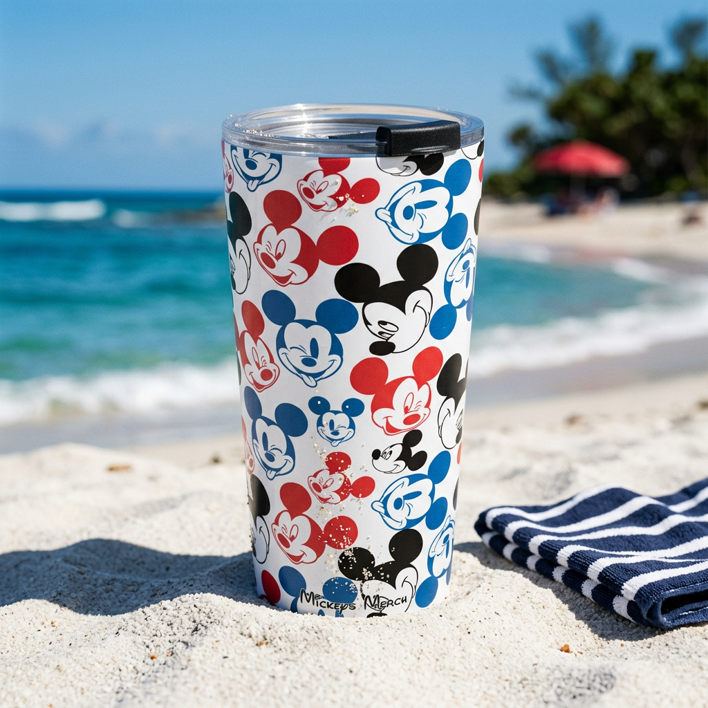Emoji Mickey tumbler beside a navy striped towel on a tropical beach