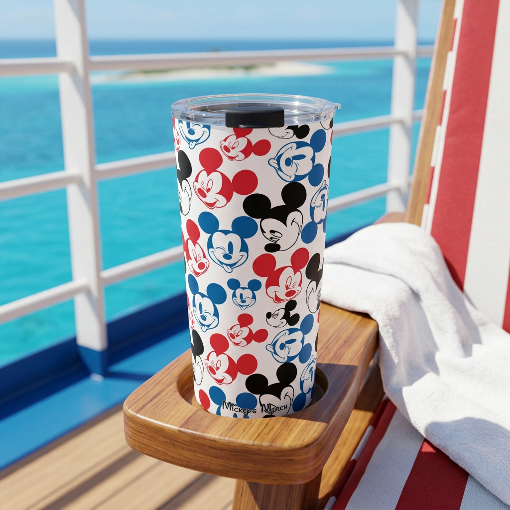 Emoji Mickey tumbler on a cruise lounger overlooking a sandy cay