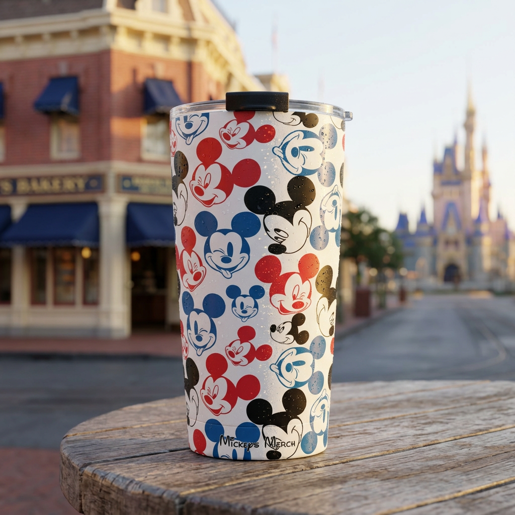 Emoji Mickey tumbler outside a Victorian town square bakery