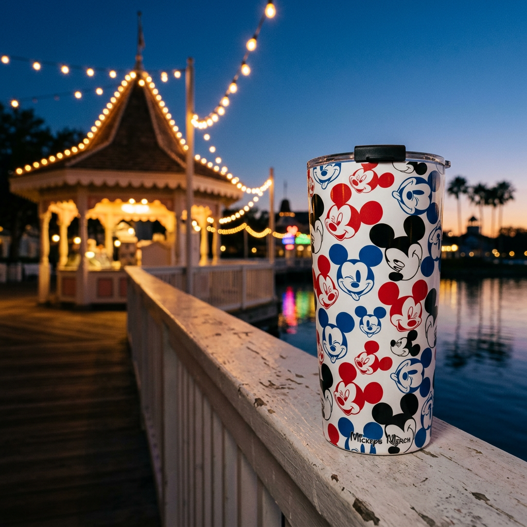 Emoji Mickey tumbler overlooking a glowing waterfront ice cream pavilion