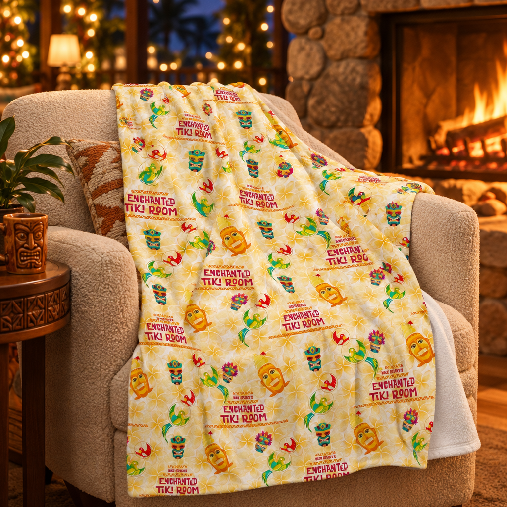 Enchanted Tiki Room blanket in a cozy fireside lounge