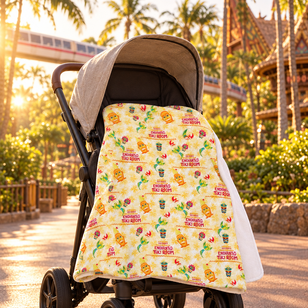 Enchanted Tiki Room blanket on a stroller at a theme park