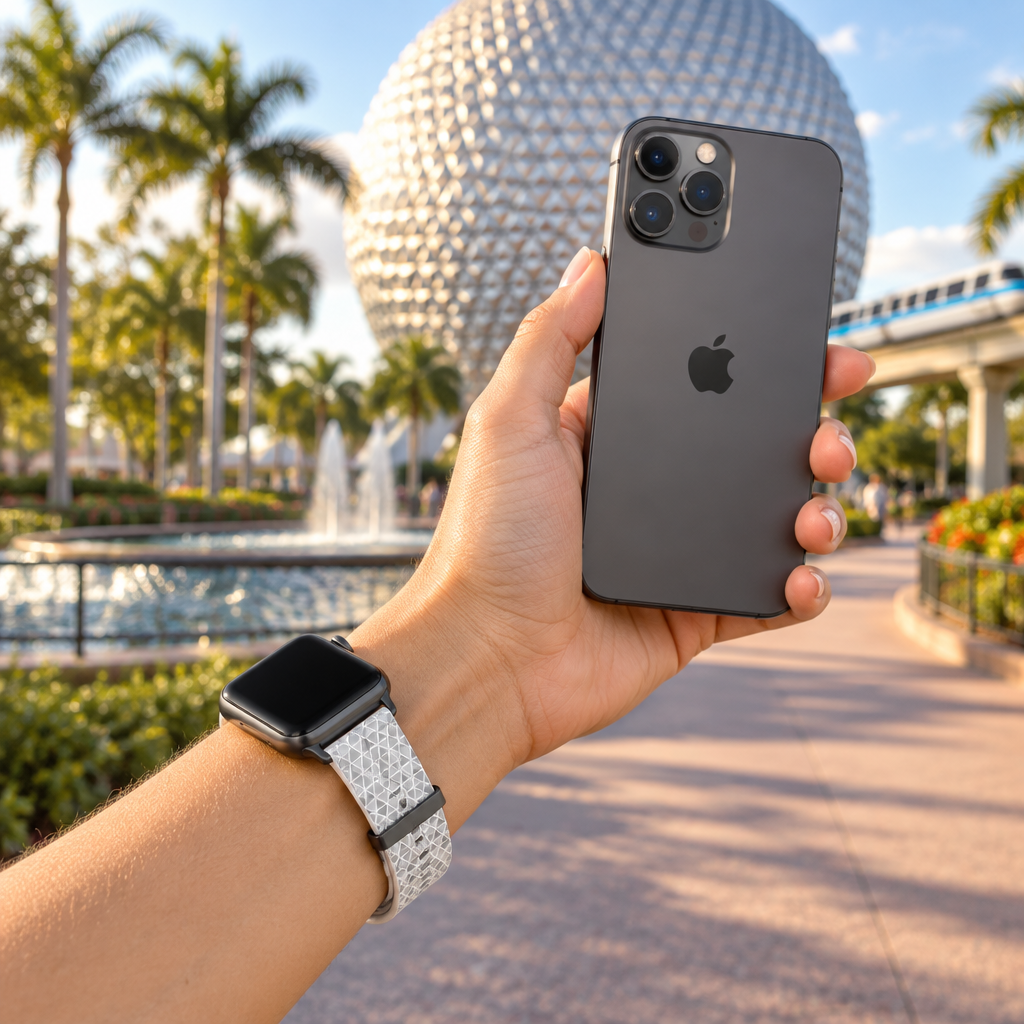 Epcot pattern watchband along a futuristic park promenade