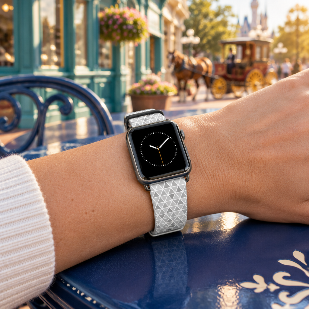Epcot pattern watchband at a retro Main Street café